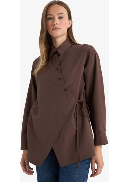 Regular Fit Gömlek Yaka Önden Bağlamalı Poplin Uzun Kollu Gömlek Tunik F8347AX25AU modelleri