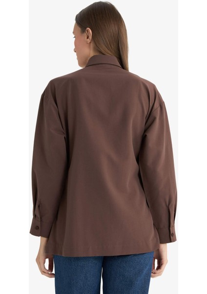 Regular Fit Gömlek Yaka Önden Bağlamalı Poplin Uzun Kollu Gömlek Tunik F8347AX25AU