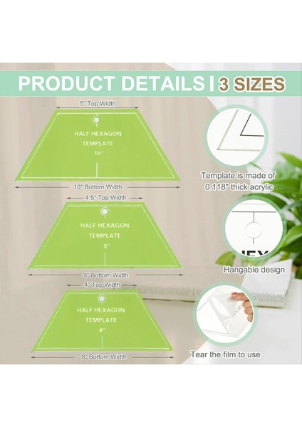 3 Pcs Yarı Hexagon Yakın Tablosu Akrik Yayrık Tablosu Cetren 8 9 10 Inç Yorgan Cetvelleri Kapitone ve Dikiş Için (Yurt Dışından) modelleri