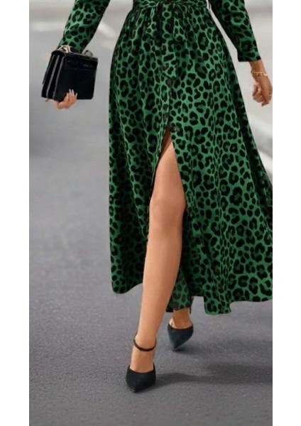 Kadın Uzun Kollu Yakalı Belden Kuşaklı Leopar Desenli Modal Uzun Elbise modelleri