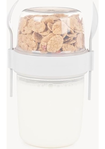 ml Take-Go Kaşıklı Hazneli Meyveli Müsli Kabı Piknik Iş Yoğurt Süt Bardağı Kapaklı ve Kaşıklı Kahvaltı Bardakları, Tahıl Tepesi Yulaf Ezmesi Granola (Beyaz)
