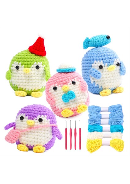 4pcs Dıy Tığ Işi Penguen Kiti El Örgü Iplik Iğneleri Peluş Bebek Kolay (Mavi, Yeşil, Mor, Pembe) (Yurt Dışından)
