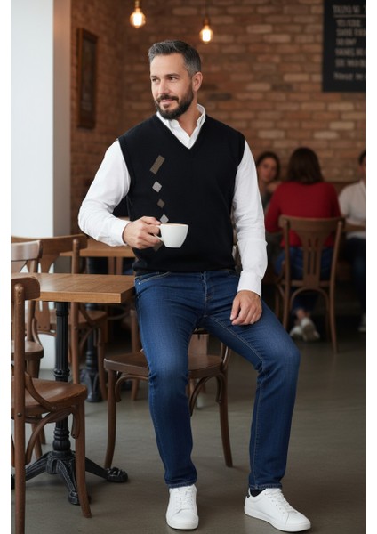 Erkek Çelik Örgü Intersiye Kışlık Kalın Triko V Yaka Triko Örgü Tüylenmez Baba Süveter