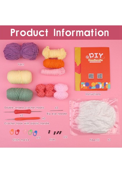 3pcs Dıy Tığ Işi Dinozor Kiti El Örgü Iplik Iğneleri Peluş Bebek Kolay (Sarı, Yeşil, Mor) (Yurt Dışından) modelleri