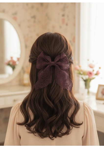 El Yapımı Romantik Dantel Fiyonk Toka, Otomatik Klipsli Saç Tokası, Kadin Toka