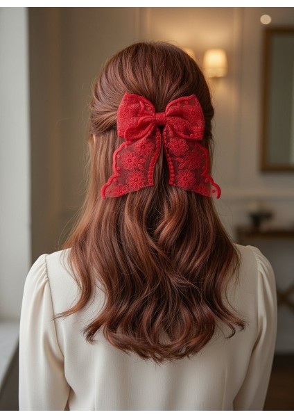 El Yapımı Romantik Dantel Fiyonk Toka, Otomatik Klipsli Saç Tokası, Kadin Toka