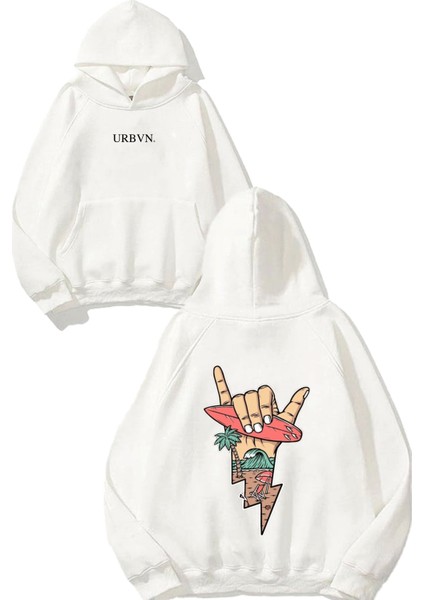 Holiday Tasarım Baskılı Oversize Beyaz Kapüşonlu Sweatshirt