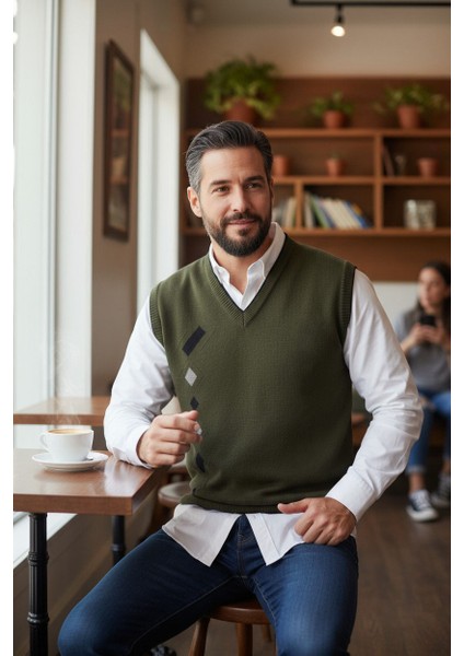 KAMALI Erkek Çelik Örgü Intersiye Kışlık Kalın Triko V Yaka Triko Örgü Tüylenmez Baba Süveter