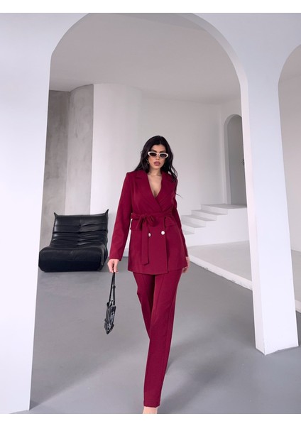 Kadın Bağlamalı Blazer Ceket Pantolon Takım Elbise