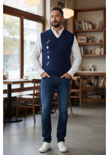 Erkek Çelik Örgü Intersiye Kışlık Kalın Triko V Yaka Triko Örgü Tüylenmez Baba Süveter