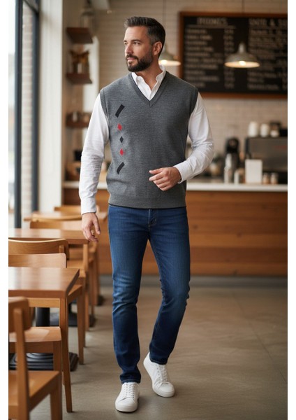 Erkek Çelik Örgü Intersiye Kışlık Kalın Triko V Yaka Triko Örgü Tüylenmez Baba Süveter