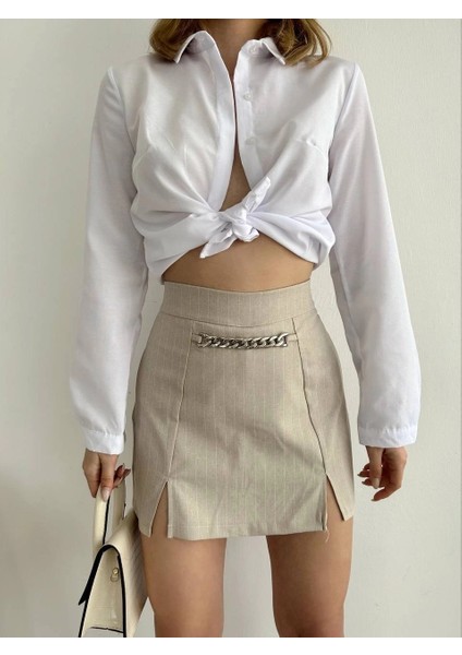 Zincir Detaylı Çizgili Şort Etek