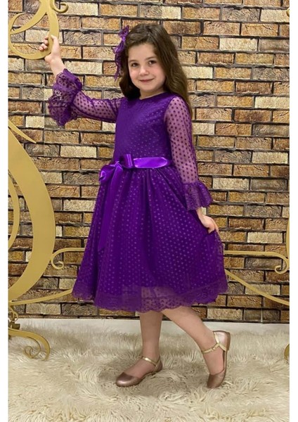 Rengarenk Fransız Dantel Tokalı Kız Çocuk Elbise