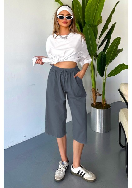 Kadın Yüksek Bel Keten Görünümlü %100 Pamuk Kapri W204-1