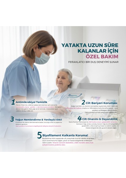 Gümüş İyonlu Yatan ve Evde Hasta Bakım Seti 12'li Perine ve Vücut Temizleme Mendili, Vücut Temizleme Kesesi, Bone modelleri