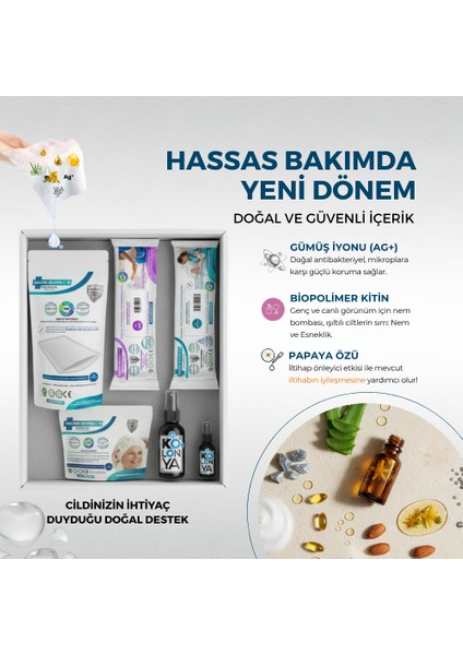 Gümüş İyonlu Yatan ve Evde Hasta Bakım Seti 12'li Perine ve Vücut Temizleme Mendili, Vücut Temizleme Kesesi, Bone