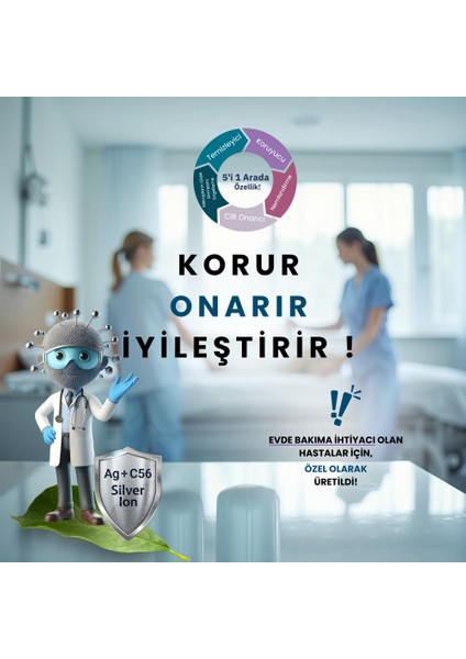 Gümüş İyonlu Yatan ve Evde Hasta Bakım Seti 12'li Perine ve Vücut Temizleme Mendili, Vücut Temizleme Kesesi, Bone