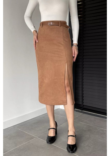 Kadın Yırtmaç Detaylı Kemerli Midi Boy Süet Etek P-00014578 fiyatları