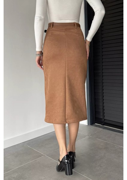 Kadın Yırtmaç Detaylı Kemerli Midi Boy Süet Etek P-00014578 modelleri