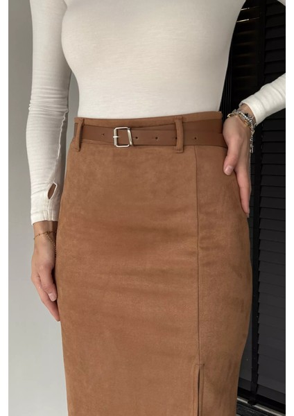 Kadın Yırtmaç Detaylı Kemerli Midi Boy Süet Etek P-00014578 fırsatları