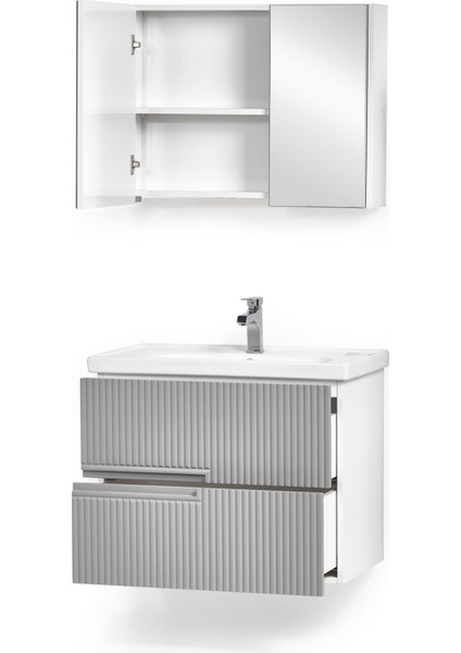 Granit Lavabolu Fenice 65 cm Alt Üst Banyo Dolabı Takımı Gri
