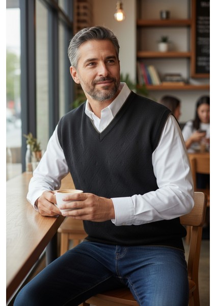 Erkek Çelik Örgü Intersiye Kışlık Kalın Triko V Yaka Triko Örgü Tüylenmez Baba Süveter