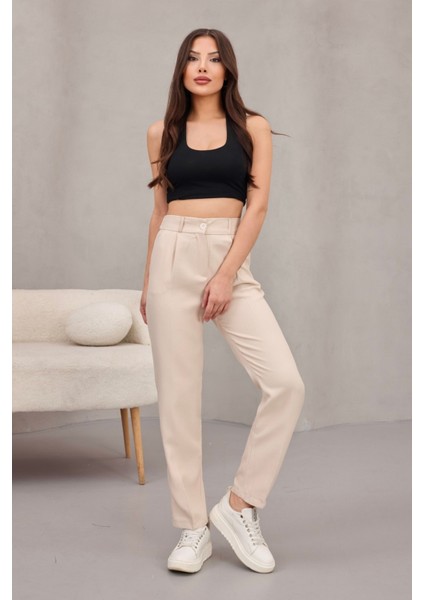 Kadın Yüksek Bel Havuç Model Beli Lastikli Dar Paça Pantolon