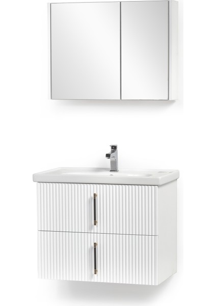 Granit Lavabolu Ottima 80 cm Alt Üst Banyo Dolabı Takımı Beyaz