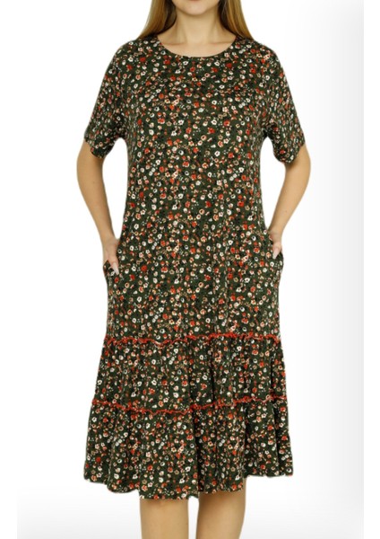 Kadın Çiçek Desenli Biye Detaylı Eteği Büzgülü Pamuklu Kısa Kollu Elbise fiyatları