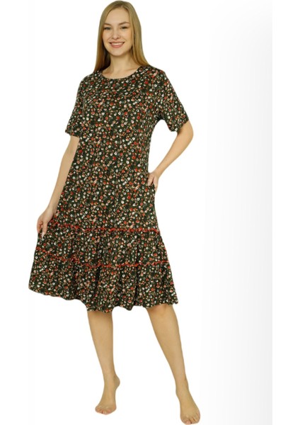 Kadın Çiçek Desenli Biye Detaylı Eteği Büzgülü Pamuklu Kısa Kollu Elbise modelleri