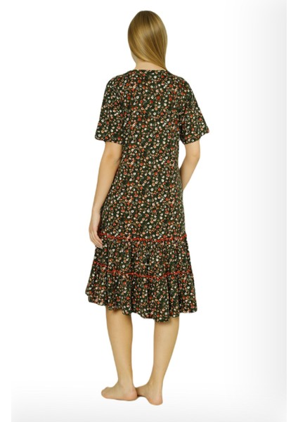 Kadın Çiçek Desenli Biye Detaylı Eteği Büzgülü Pamuklu Kısa Kollu Elbise fırsatları