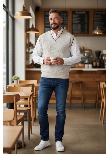 Erkek Çelik Örgü Intersiye Kışlık Kalın Triko V Yaka Triko Örgü Tüylenmez Baba Süveter