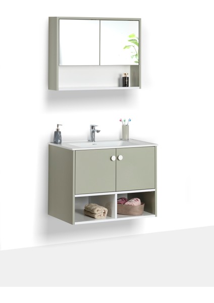 granit Lavabolu Otantik 80 cm Alt Üst Banyo Dolabı Takımı