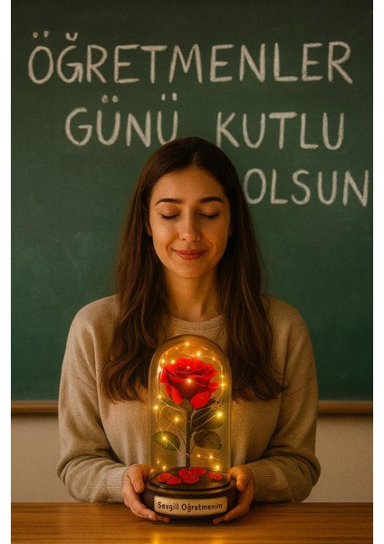 Fanusta LED Işıklı Sevgili Öğretmenim Temalı Biblo öğretmenler Gününe Anlam Katan Özel Hediye 20 cm