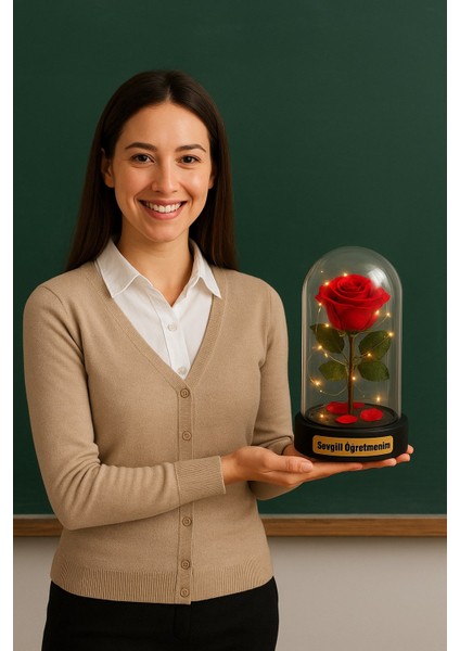 Fanusta LED Işıklı Sevgili Öğretmenim Temalı Biblo öğretmenler Gününe Anlam Katan Özel Hediye 20 cm modelleri