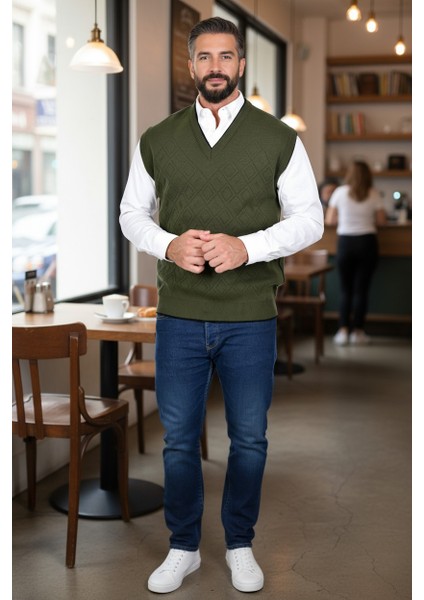 Erkek Çelik Örgü Intersiye Kışlık Kalın Triko V Yaka Triko Örgü Tüylenmez Baba Süveter