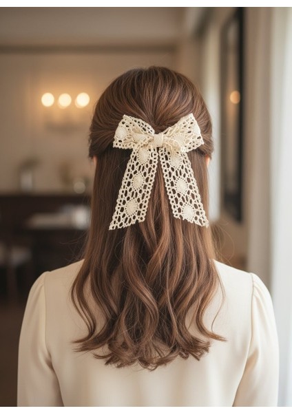 Krem Dantel Otomatik Klipsli Fiyonk Toka, El Yapımı Yetişkin Genç Kız Çocuk Otomatik Toka Hediyelik