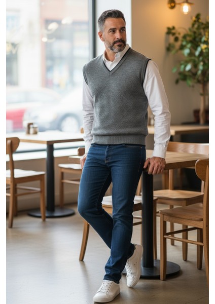 Erkek Çelik Örgü Intersiye Kışlık Kalın Triko V Yaka Triko Örgü Tüylenmez Baba Süveter