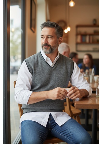 Erkek Çelik Örgü Intersiye Kışlık Kalın Triko V Yaka Triko Örgü Tüylenmez Baba Süveter