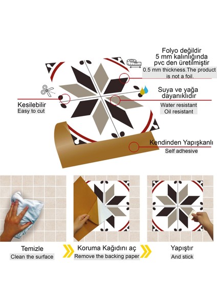 Kendinden Yapışkanlı Seramik ve Yer Döşemesi Çarkıfelek Desenli Pvc Karo 30X30 cm (4 Adet) 0,36M² modelleri