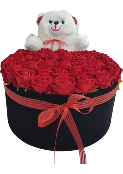 Silindir Kutuda Ayıcıklı Gerçek Görünümlü Yapay Kadife Gül Kız Isteme Buketi
