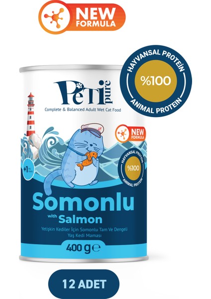 Somonlu Yaş Konserve Yetişkin Kedi Maması, Jöle Içinde Parça Etli, 400 gr x 12 Adet