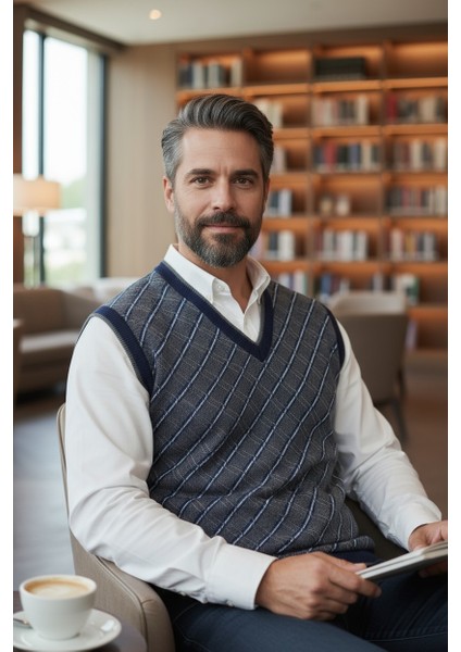 Erkek Çelik Örgü Ekose Desenli Kışlık Kalın Triko V Yaka Triko Örgü Tüylenmez Baba Süveter Regular