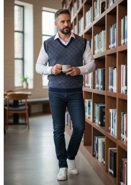 Erkek Çelik Örgü Ekose Desenli Kışlık Kalın Triko V Yaka Triko Örgü Tüylenmez Baba Süveter Regular fiyatları