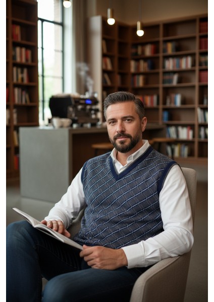 Erkek Çelik Örgü Ekose Desenli Kışlık Kalın Triko V Yaka Triko Örgü Tüylenmez Baba Süveter Regular modelleri