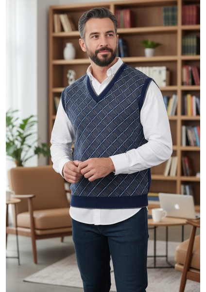 Erkek Çelik Örgü Ekose Desenli Kışlık Kalın Triko V Yaka Triko Örgü Tüylenmez Baba Süveter Regular fırsatları
