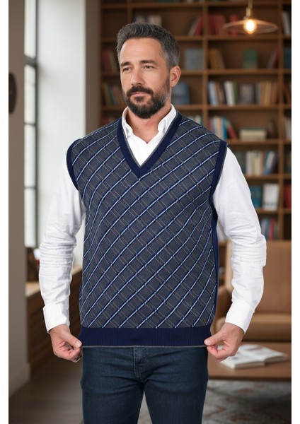 Erkek Çelik Örgü Ekose Desenli Kışlık Kalın Triko V Yaka Triko Örgü Tüylenmez Baba Süveter Regular indirimleri