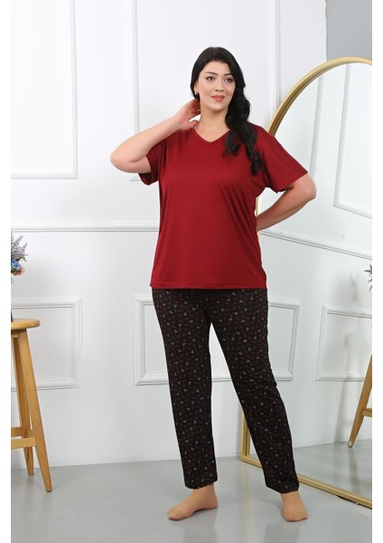 Kadın Büyük Beden Kısa Kol Penye Pijama Takımı Bordo fiyatları