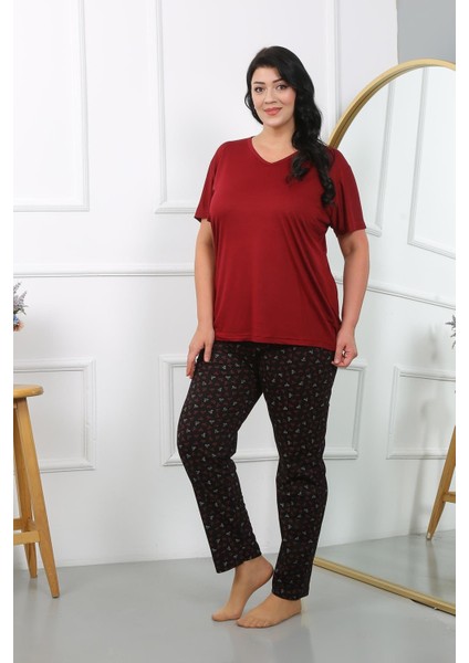 Kadın Büyük Beden Kısa Kol Penye Pijama Takımı Bordo fırsatları