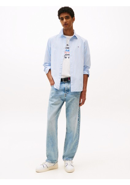 Normal Açık Mavi Çizgili Erkek Gömlek DM0DM21693C3Q Tjm Essnt Poplın Reg